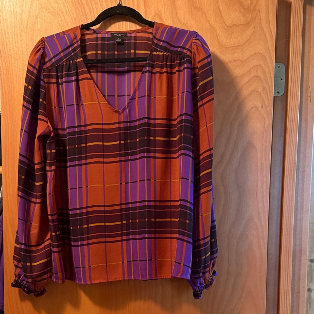 Ann Taylor Factory Plaid V-Neck Blouse - Orange and Purple